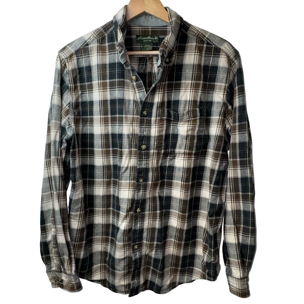 Eddie Bauer Brown Cream Navy Plaid Button Down Shirt Men’s Large